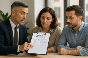 Agent with Buyers looking at the property taxes invoice