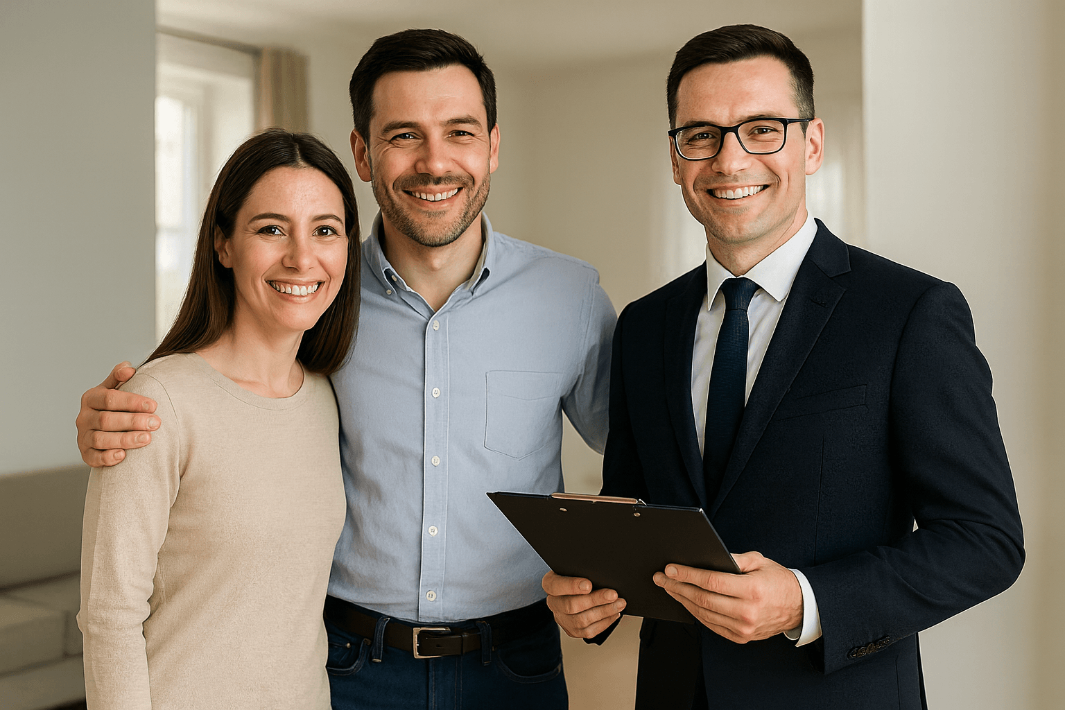 Happy couple with their trusted real estate agent in Outaouais
