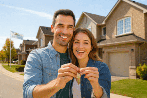 Couple in front of their new home