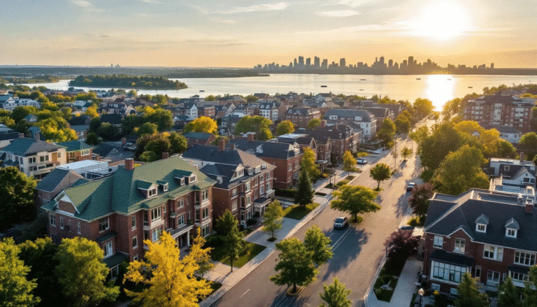 The image depicts a stunning view of Gatineau's cityscape, showcasing residential neighborhoods across its five sectors with the Ottawa River gracefully flowing in the background. This vibrant scene highlights the potential for real estate opportunities in the area, attracting serious buyers and real estate professionals alike.