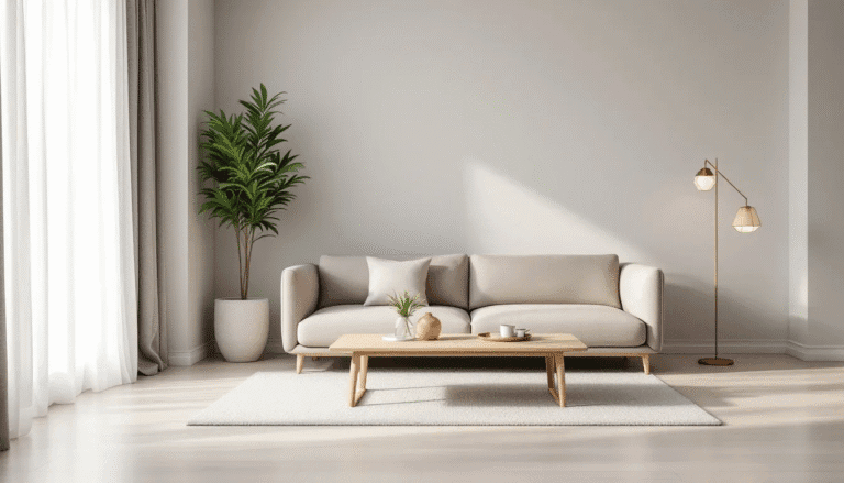 The image depicts a modern home interior with neutral colors and a minimalist furniture arrangement, creating a serene atmosphere ideal for attracting potential buyers. This staging approach is essential for real estate professionals looking to sell a house quickly in the competitive Gatineau market.