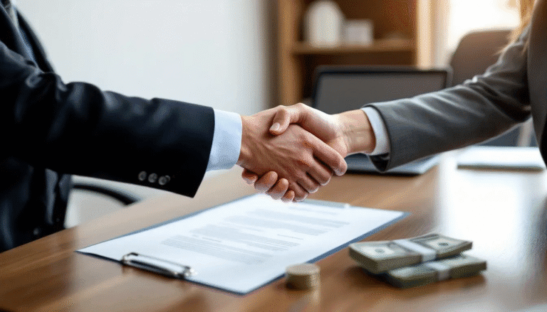 A homeowner and a legitimate cash buyer engage in a professional handshake over a table filled with legal documents, symbolizing a successful real estate transaction. This moment represents a crucial step in the selling process, where the homeowner aims to sell their house fast in Gatineau at a fair price.
