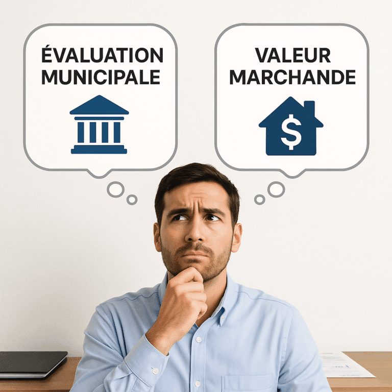 Homme pensif comparant évaluation municipale et valeur marchande.