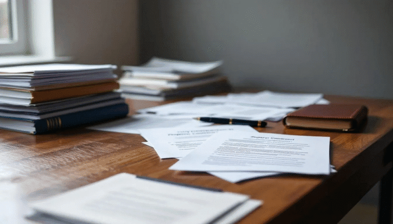 A cluttered desk displays various legal documents and property contracts related to a real estate transaction, including a sales contract and a property description sheet. Potential buyers may need to exercise caution regarding hidden defects, as some documents may include exclusion clauses or mention the sale without legal warranty.