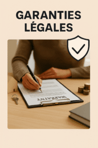 Une personne signe un document de garantie légale sur un bureau, avec des clés, une petite maison en bois et des pièces de monnaie à côté, symbolisant la protection juridique dans une transaction immobilière au Québec.