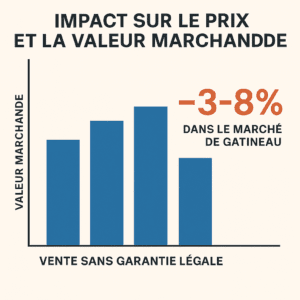 Graphique à barres illustrant une baisse moyenne de 3 à 8 % de la valeur marchande dans la région de Gatineau pour les propriétés vendues sans garantie légale, comparativement à celles vendues avec garanties.