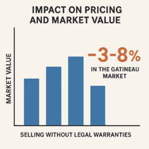 Bar chart showing how selling a property without legal warranties can reduce market value by approximately 3 to 8 percent in the Gatineau real estate market.
