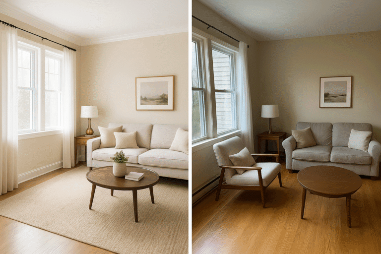 Side-by-side image of the same living room showing one version taken by a professional photographer with perfect lighting and staging, and the other taken with a phone showing clutter, poor lighting, and unbalanced composition.