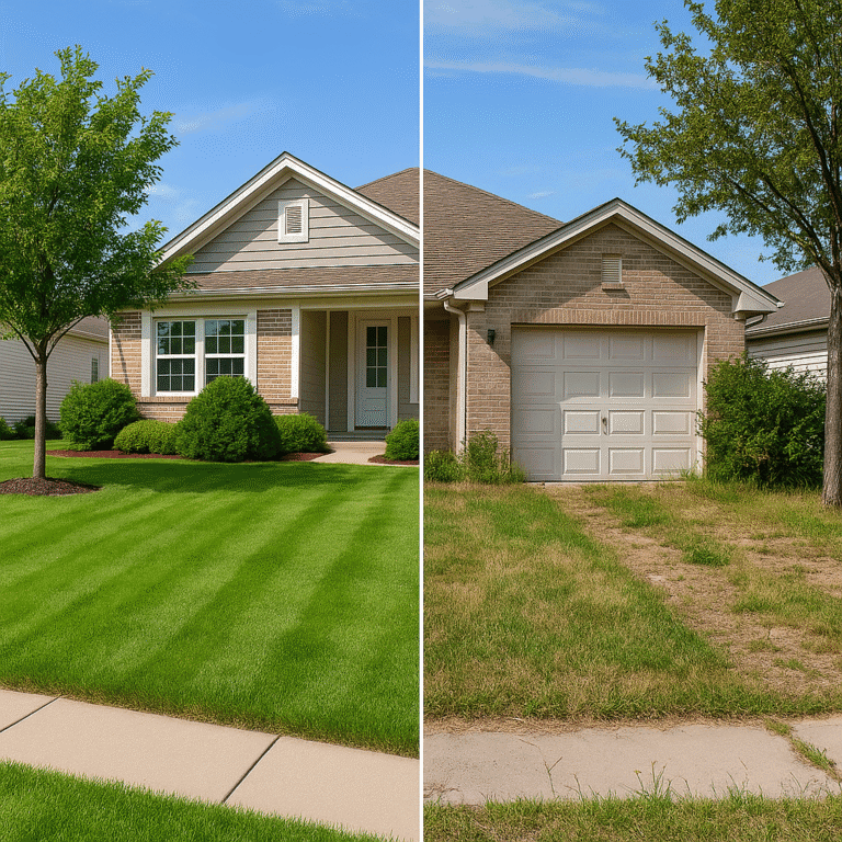Split-screen photo of the same house showing one side with a freshly mowed lawn and neat landscaping, and the other side with overgrown grass and weeds, illustrating the impact of curb appeal.
