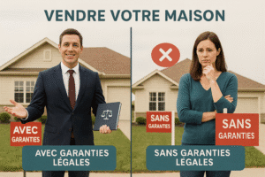 Image divisée en deux parties : à gauche, un courtier immobilier souriant tient un dossier devant une maison avec l’écriteau « À VENDRE » et la mention « Avec garanties légales » ; à droite, une femme a l’air inquiète devant une autre maison avec l’écriteau « Sans garanties légales », illustrant la différence entre les deux types de ventes au Québec.
