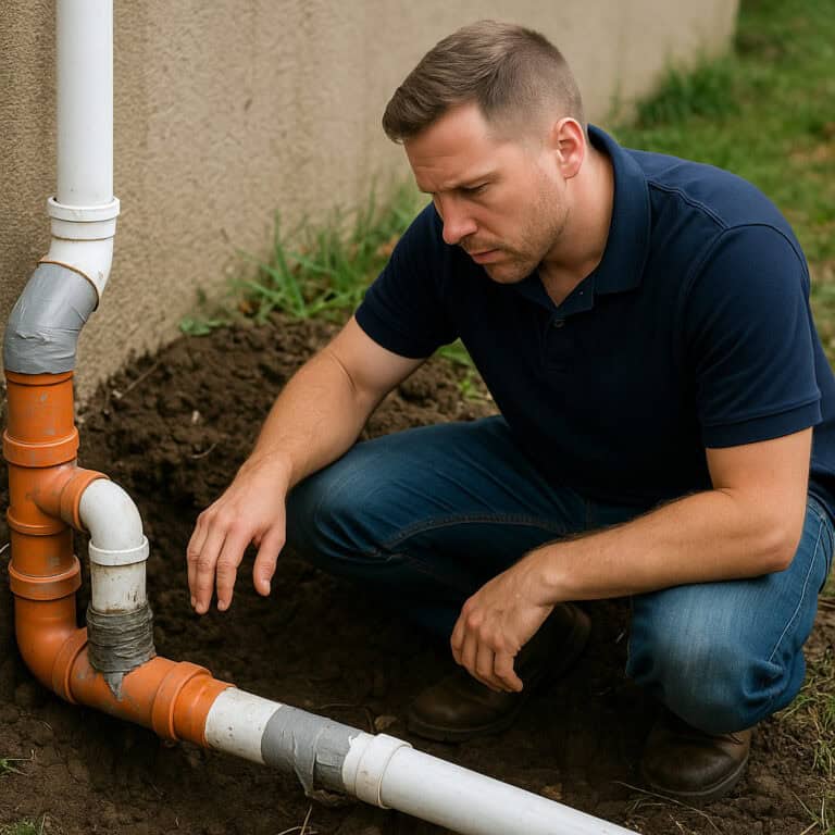 Inspector examining improperly installed septic drain pipes with duct tape and mismatched PVC connections