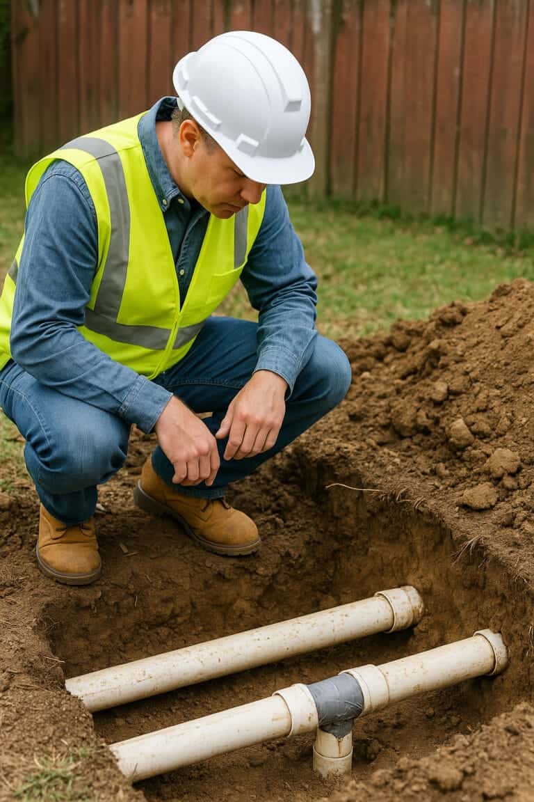 Septic system inspector examining exposed drain pipes with improper DIY repairs and non-standard materials