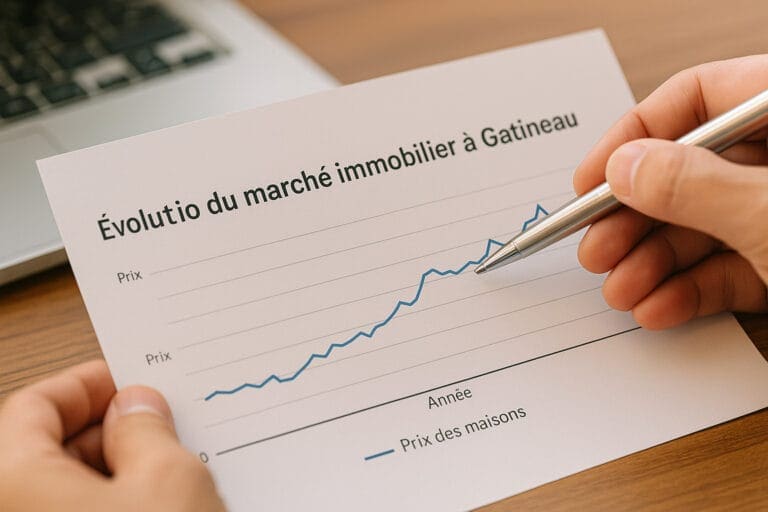 Graphique en français montrant l’évolution du marché immobilier à Gatineau et la hausse du prix des maisons sur plusieurs années