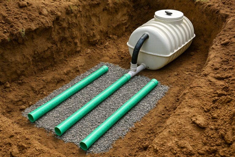 Conventional septic system installation with perforated drain pipes, gravel bed, and open excavation